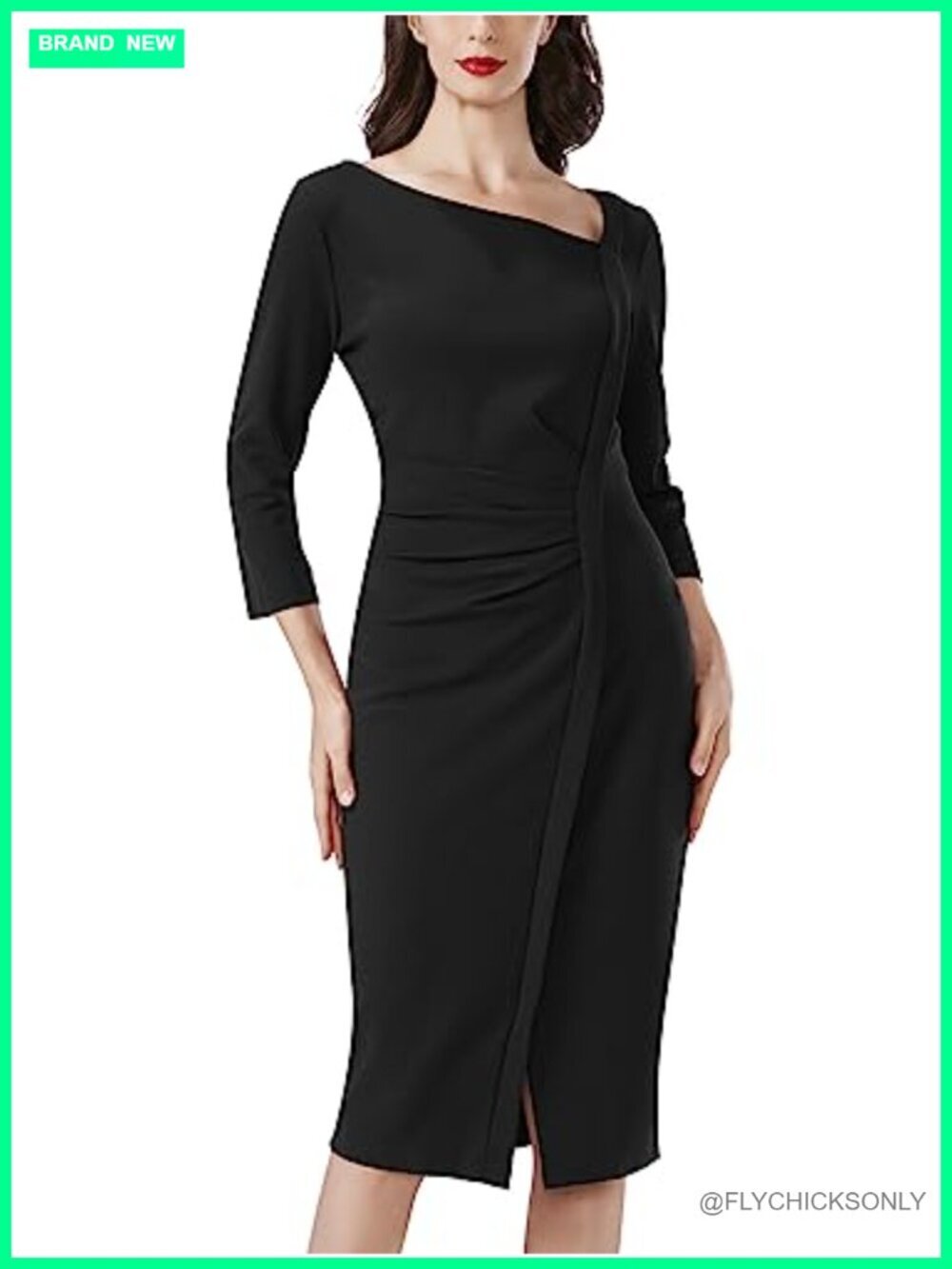 Women's Ruched Sheath Dress Retro 3/4 Sleeve Bodycon Keyhole Neck - Picture 2 of 7
